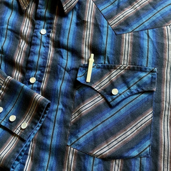 Vintage ELY Cattleman Men's XL Pearl Snap  LS Shirt Stripe Blue Brown Western - Picture 3 of 13